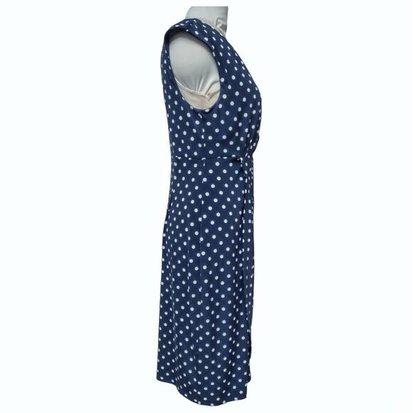 CONNECTED Petite Navy Polka Dot Dress Size 12 Cap Sleeves Stretch Knit Pleated - Picture 6 of 11
